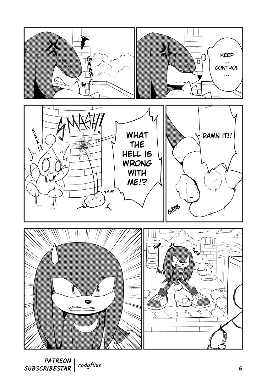 anthro clothing dialogue gloves handwear male manga_style open_mouth pillar shrine simple_background speech_bubble tail text thought_bubble codyf0xx sega sonic_the_hedgehog_(series) knuckles_the_echidna chao_(sonic) echidna mammal monotreme absurd_res comic digital_media_(artwork) english_text hi_res monochrome