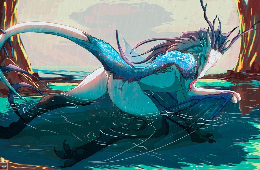 anthro bathing blue_body bodily_fluids butt cloud crystal detailed_background drizzle female genital_fluids hair iridescent iridescent_scales lake licking looking_at_viewer outside peaceful plant pose purple_body queen raining raised_tail rear_view river royalty solo tail tail_motion tailwag teasing tongue tongue_out translucent translucent_wings tree water white_body wings blakezarks european_mythology mythology lady_seinardhyn dragon marine mythological_creature mythological_scalie scalie western_dragon wyvern cel_shading full-length_portrait hi_res pinup portrait shaded