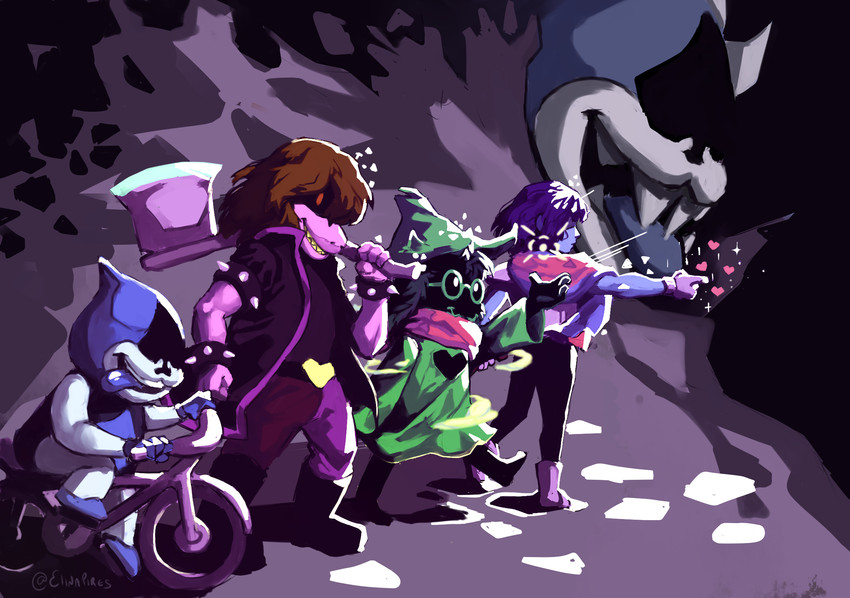 anthro axe bicycle clothing eyewear female footwear glasses group hair heart_symbol male melee_weapon open_mouth tongue tongue_out vehicle weapon elinapires deltarune undertale_(series) king_spade kris_(deltarune) lancer_(deltarune) ralsei susie_(deltarune) bovid caprine goat human mammal scalie 2018 hi_res signature