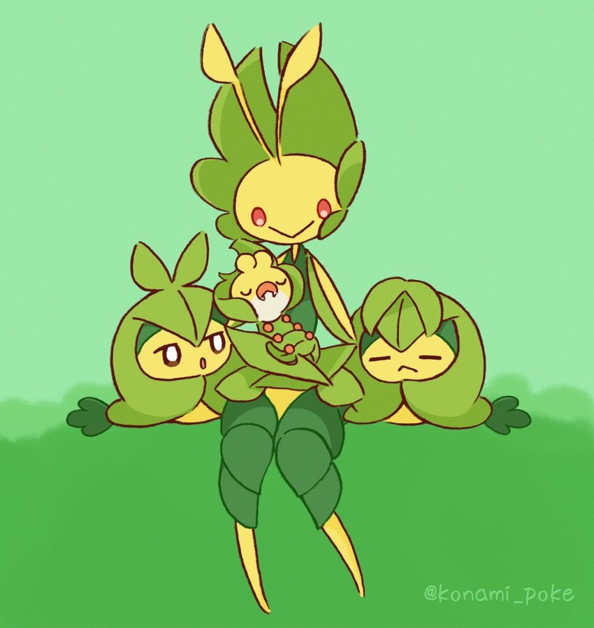 ambiguous_gender baby eyes_closed family female group holding_baby plant red_eyes sitting sleeping smile young konami_poke nintendo pokemon elemental_creature flora_fauna generation_5_pokemon leavanny pokemon_(species) sewaddle swadloon 2018 mother_(lore) mother_and_child_(lore) parent_(lore) parent_and_child_(lore)