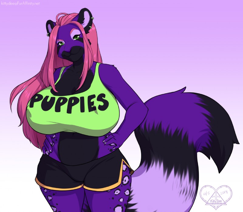 anthro big_breasts bottomwear breasts clothed clothing dolphin_shorts ear_piercing ear_ring eyebrows eyelashes female fluffy fluffy_tail fur green_eyes hair long_hair markings piercing pink_hair purple_body purple_fur ring_piercing shorts smile solo spots spotted_body spotted_fur standing tail kittydee dj50 abelia_(dj50) ailurid mammal red_panda 2019 dated digital_media_(artwork)