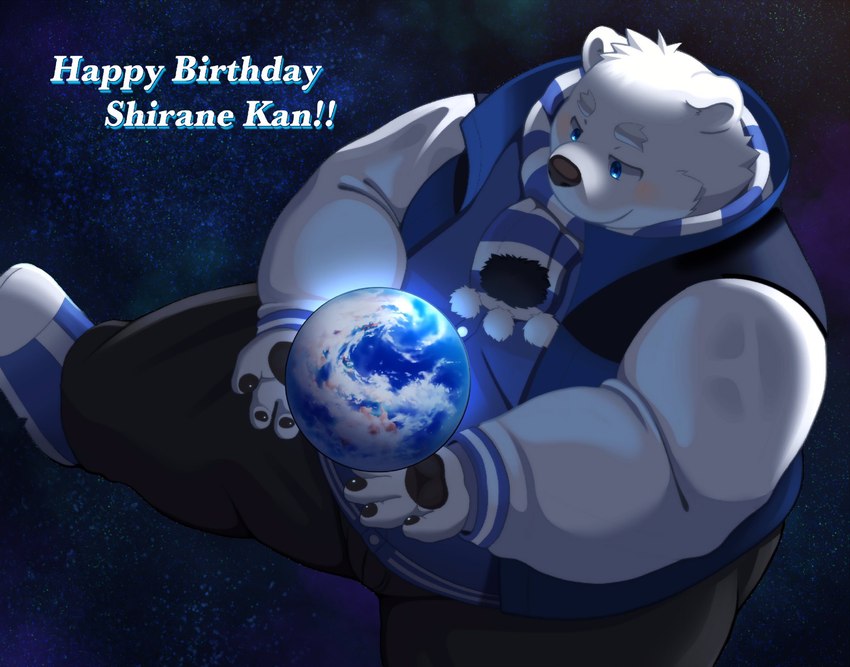 anthro belly big_belly black_nose bottomwear clothing earth giga happy_birthday holding_planet interplanetary_macro kemono macro male overweight overweight_male pants planet planet_dwarfing scarf solo sweater terra_macro text topwear white_body hisashiyo_0705 utau shirane_kan bear mammal polar_bear ursine 2023 digital_media_(artwork) english_text hi_res