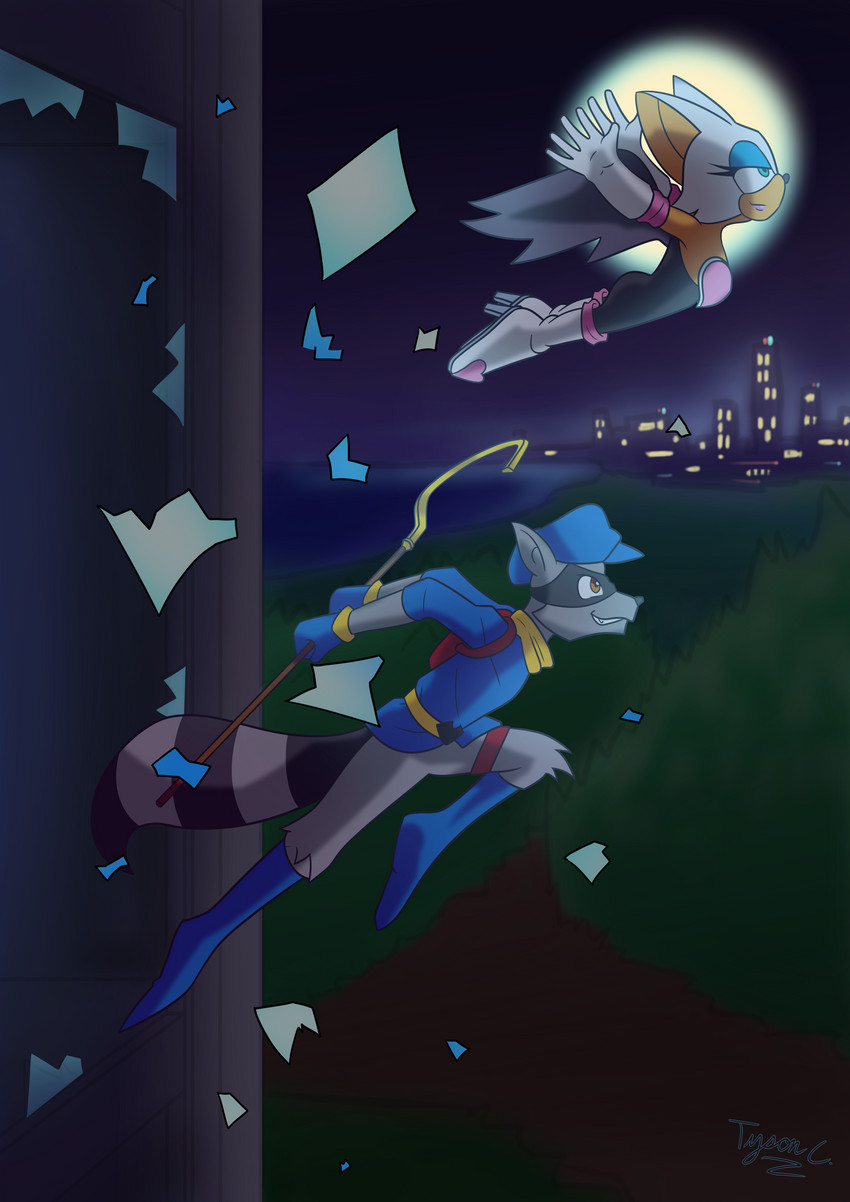 autodefenestration broken_glass defenestration duo eyeshadow fur glass green_eyes grey_body grey_fur makeup moon night staff white_body white_fur window yellow_eyes tyscope3 death_battle sega sly_cooper_(series) sonic_the_hedgehog_(series) sony_corporation sony_interactive_entertainment sucker_punch_productions rouge_the_bat sly_cooper bat mammal procyonid raccoon absurd_res hi_res