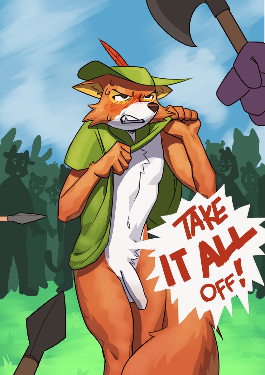 anthro axe balls blush bodily_fluids bottomless clenched_teeth clothed clothing command crotch_tuft crowd dialogue embarrassed flaccid forced forced_exposure forced_undressing foreskin fur genitals gesture glaring_at_another green_clothing green_hat green_headwear group hand_gesture hat hat_feather headgear headwear holding_melee_weapon holding_object holding_weapon humanoid_genitalia humanoid_penis humiliation loose_feather male melee_weapon offscreen_character orange_body orange_fur penis pointing polearm public public_exposure public_humiliation public_nudity shirt silhouette solo_focus spear speech_bubble sweat sweatdrop teeth topwear tuft tunic undressing unretracted_foreskin weapon white_body white_fur yelling blush-sweettail disney robin_hood_(disney) robin_hood canid canine fox mammal absurd_res hi_res