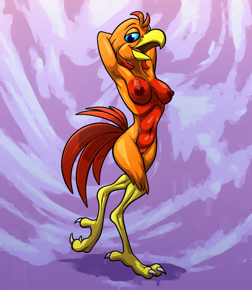 anthro areola breasts digitigrade female genitals hands_behind_head looking_at_viewer medium_breasts nipples nude pussy red_areola red_nipples solo bassybefuddle conditional_dnp windborn amara_(windborn) avian bird hi_res