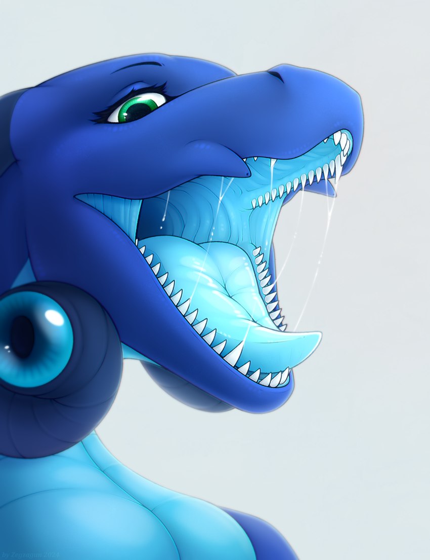 ambiguous_gender anthro blue_body bodily_fluids green_eyes mouth_shot open_mouth saliva saliva_string simple_background solo teeth tongue white_background zegzagun onychophora absurd_res hi_res