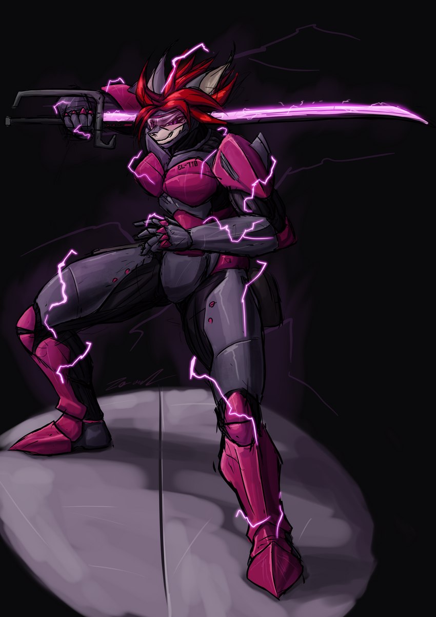 anthro armor electricity energy_sword female glowing_sword grin hair holding_melee_weapon holding_object holding_sword holding_weapon looking_at_viewer machine magic melee_weapon pink_electricity pose power_armor pupils purple_eyes red_hair short_hair simple_background slit_pupils smile solo sparks spiky_hair standing sword weapon za-owl elwyna_(za-owl) domestic_cat felid feline felis mammal 2024 absurd_res digital_drawing_(artwork) digital_media_(artwork) digital_painting_(artwork) hi_res