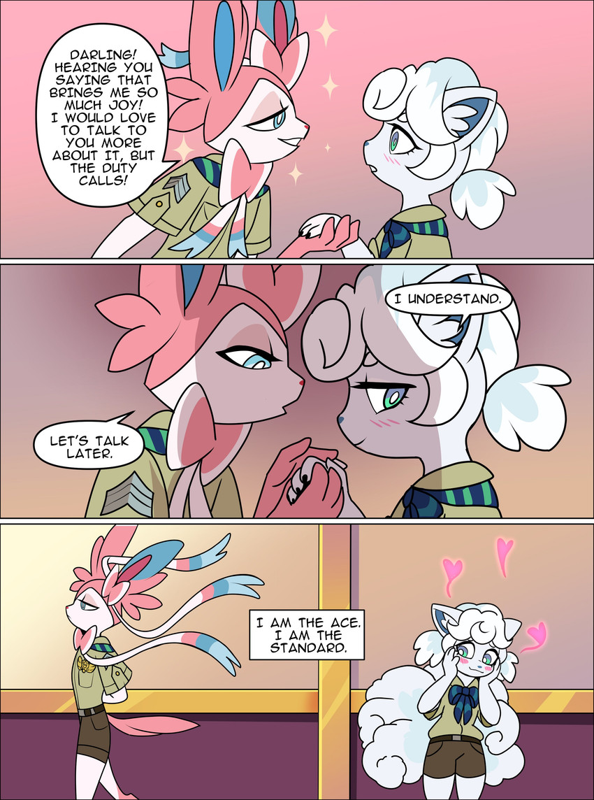 anthro anthrofied blue_body blue_eyes blue_fur blush blush_lines clothed clothed_anthro clothing duo eyelashes female fur heart_symbol male pink_body pink_ears pink_fur pink_tail pokemorph sparkles tail text white_body white_fur odeko-yma nintendo pokemon pokemon_mystery_dungeon spike_chunsoft pix_(odeko-yma) alolan_form alolan_vulpix eeveelution generation_6_pokemon generation_7_pokemon pokemon_(species) regional_form_(pokemon) sylveon absurd_res comic english_text hi_res