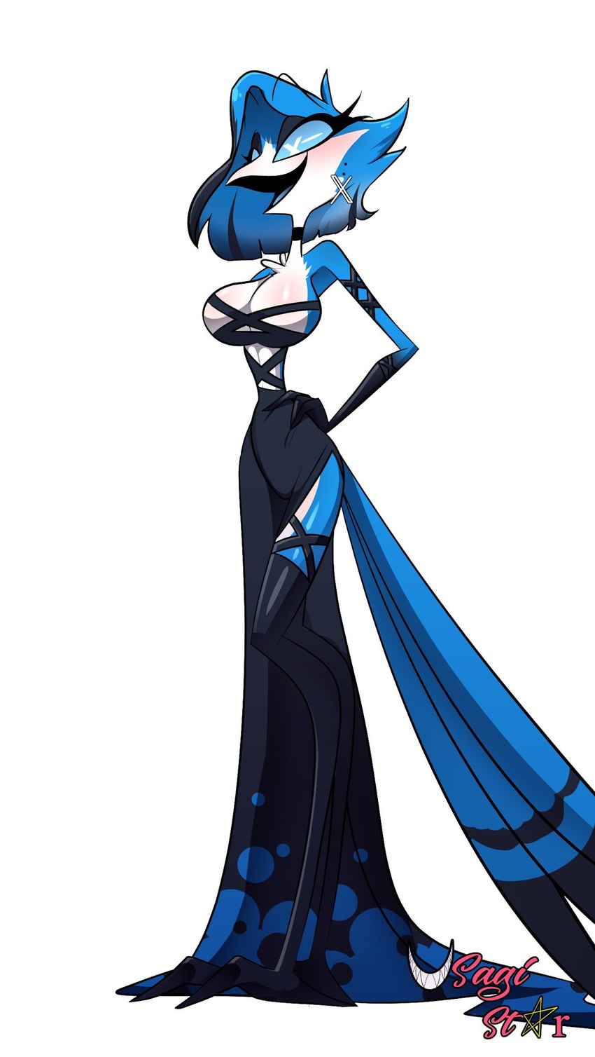 anthro beak big_breasts blue_body blue_feathers breasts choker cleavage clothed clothing curvy_figure digitigrade dress ear_piercing ear_ring evening_gown feathers female huge_breasts jewelry legwear long_dress medium_hair necklace open_mouth piercing pupils ring_piercing slim small_waist smile style_emulation tail tail_feathers thigh_highs thin_calves thin_legs thin_thighs unusual_pupils wide_hips usagi_star helluva_boss twitter x_(social_media) x_corporation fan_character tweetfur avian avian_demon bird crossover hi_res meme