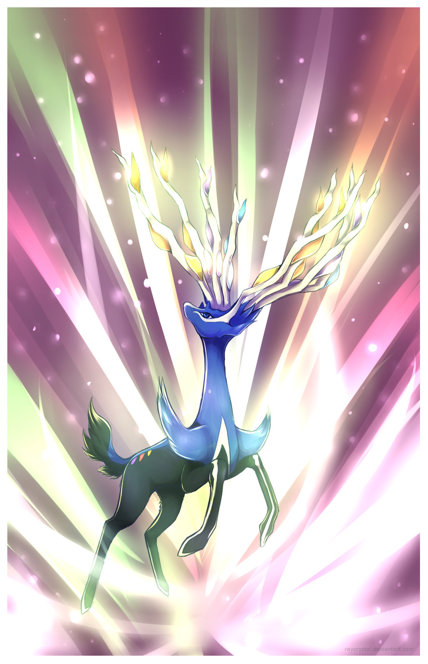 ambiguous_gender antlers aura black_body black_fur blue_body blue_eyes blue_fur feral fur horn light mythical on_hind_legs pose quadruped solo raycrystal nintendo pokemon deer generation_6_pokemon legendary_pokemon mammal pokemon_(species) xerneas xerneas_(active_mode) hi_res shaded