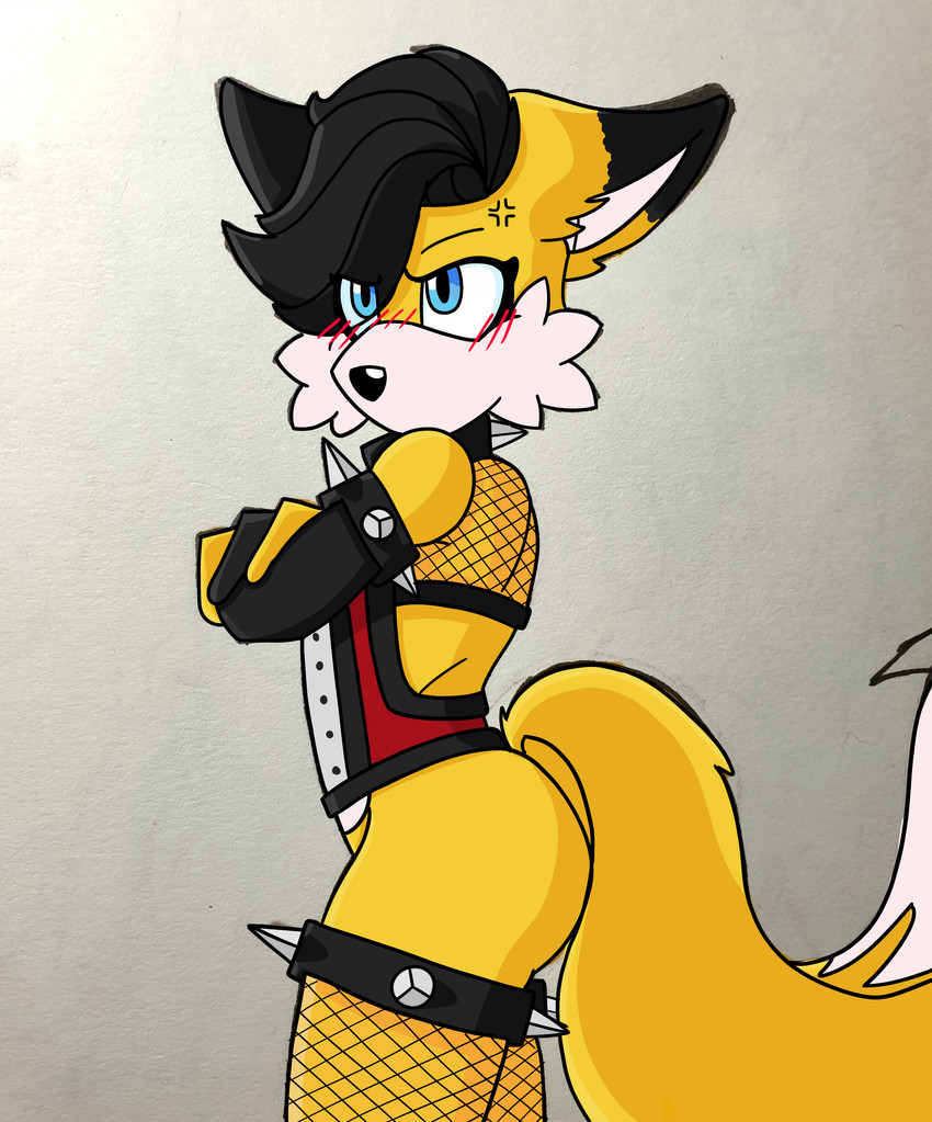 annoyed anthro armband big_butt blue_eyes blush blush_lines butt clothed clothing collar cross-popping_vein crossed_arms femboy fishnet_clothing fishnet_legwear fishnet_topwear fur furrowed_brow legband legwear male orange_body orange_fur skimpy solo spiked_armband spiked_collar spiked_legband spikes thick_thighs topwear justsomeidiotonline miles_prower_(anti-tails) canid canine fox mammal red_fox true_fox absurd_res digital_drawing_(artwork) digital_media_(artwork) hi_res story story_in_description