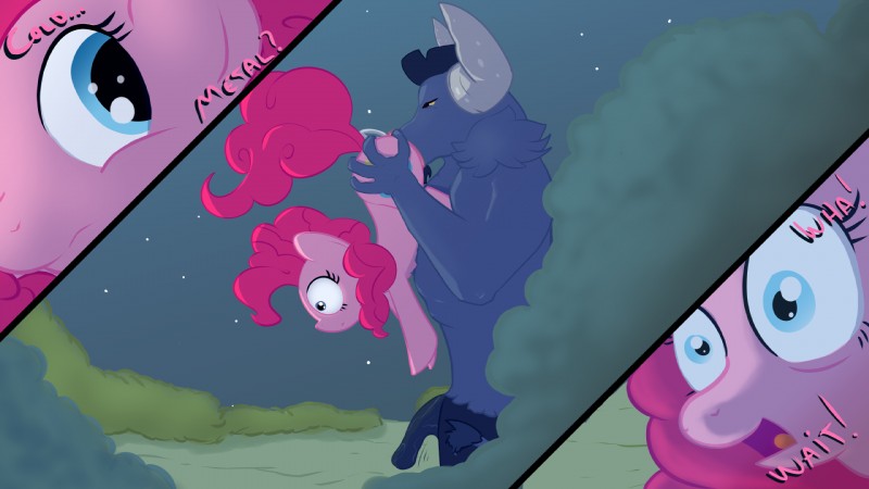 anthro duo female genitals hair half-erect male male/female nude penis pink_hair restrained myfriendsmustntknow friendship_is_magic hasbro my_little_pony iron_will_(mlp) pinkie_pie_(mlp) earth_pony equid equine horse mammal pony 16:9 hi_res widescreen