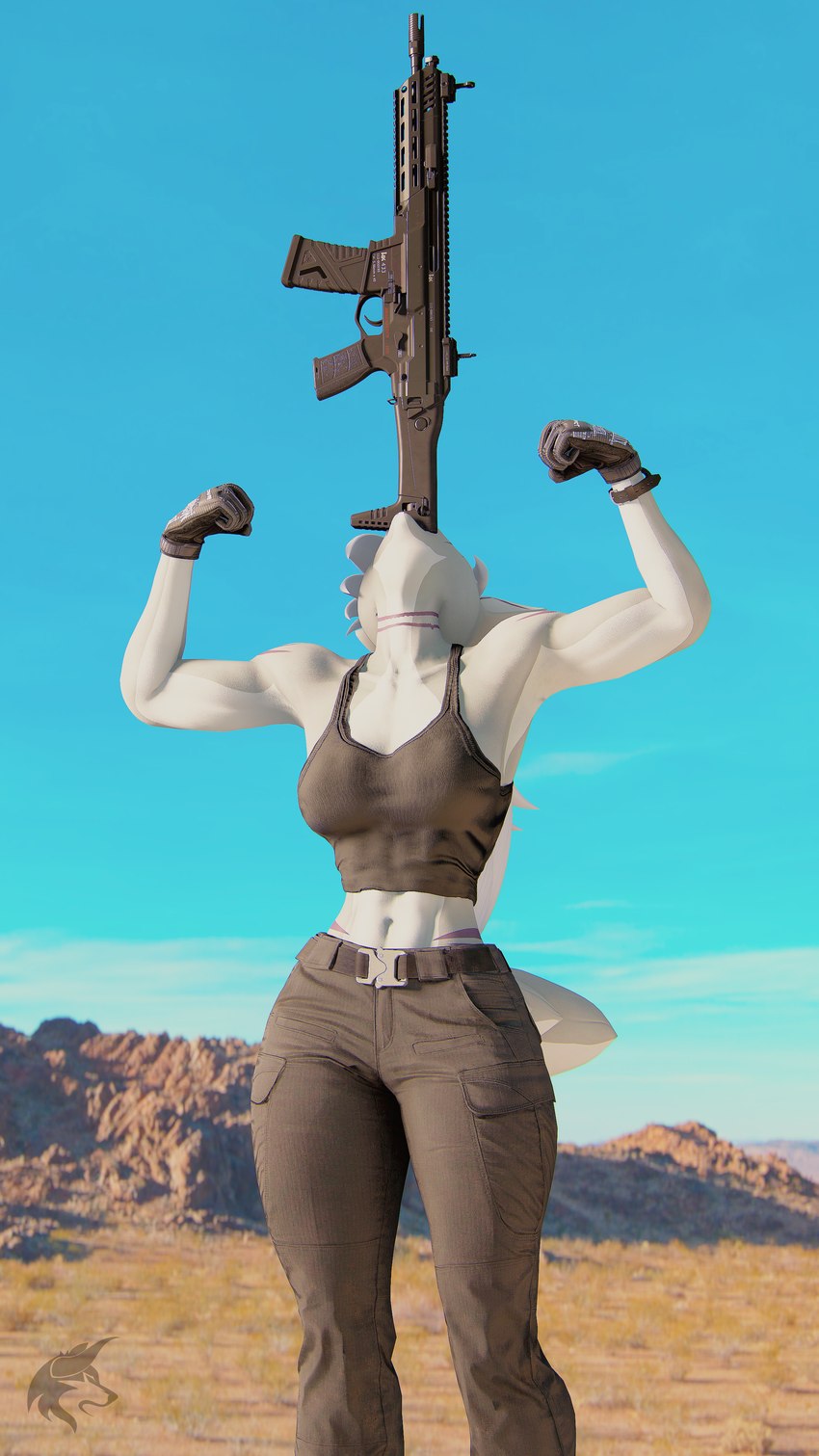 abs anthro assault_rifle clothing desert female gloves gun handwear muscular muscular_female ranged_weapon rifle shirt solo tank_top topwear weapon ludexus fan_character sage_(ludexus) canid canine fox mammal 3d_(artwork) 4k 9:16 absurd_res digital_media_(artwork) hi_res source_filmmaker_(artwork)