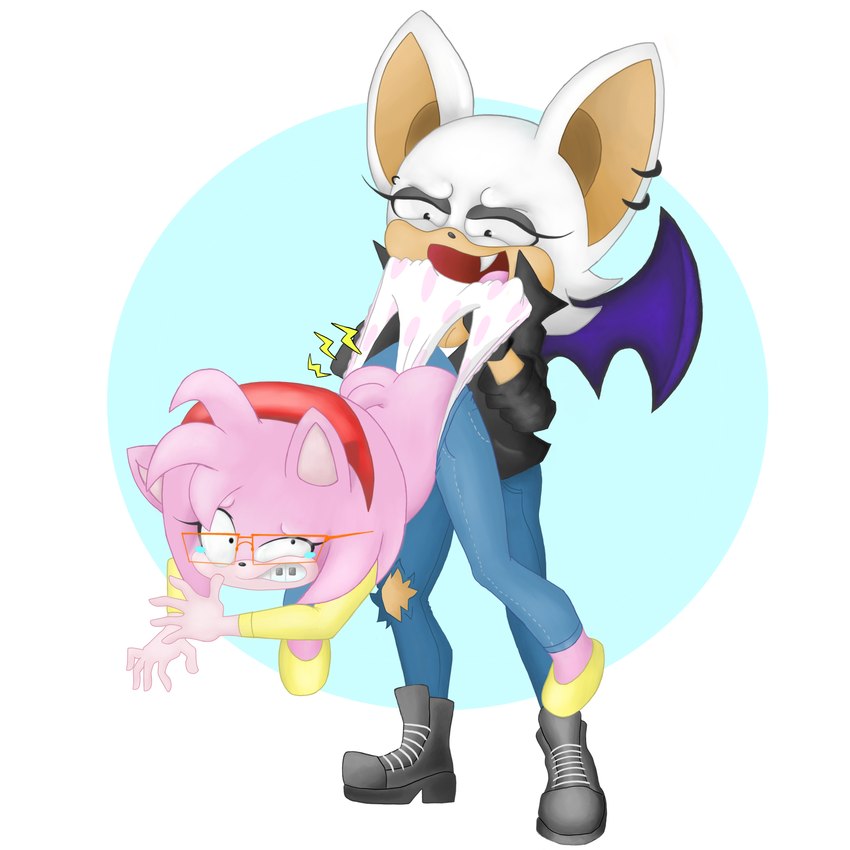 anthro braces bullying butt clothing duo eyewear female female/female glasses hanging_wedgie nerd underwear wedgie moexe sega sonic_the_hedgehog_(series) amy_rose rouge_the_bat bat eulipotyphlan hedgehog mammal absurd_res hi_res