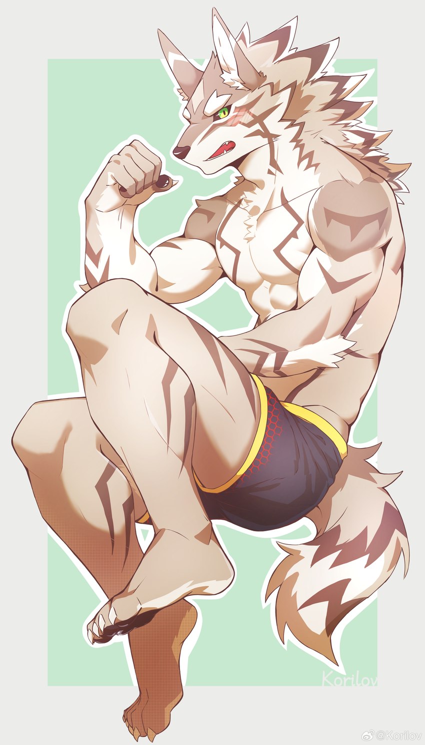 anthro athletic athletic_anthro athletic_male black_sclera blush bottomwear brown_body brown_fur clothed clothing ear_piercing fur looking_at_viewer male piercing solo striped_body striped_fur stripes swimwear tail topless topless_anthro topless_male white_body white_fur korilov lifewonders tokyo_afterschool_summoners seth_(tas) canid canine canis jackal mammal 2024 absurd_res hi_res