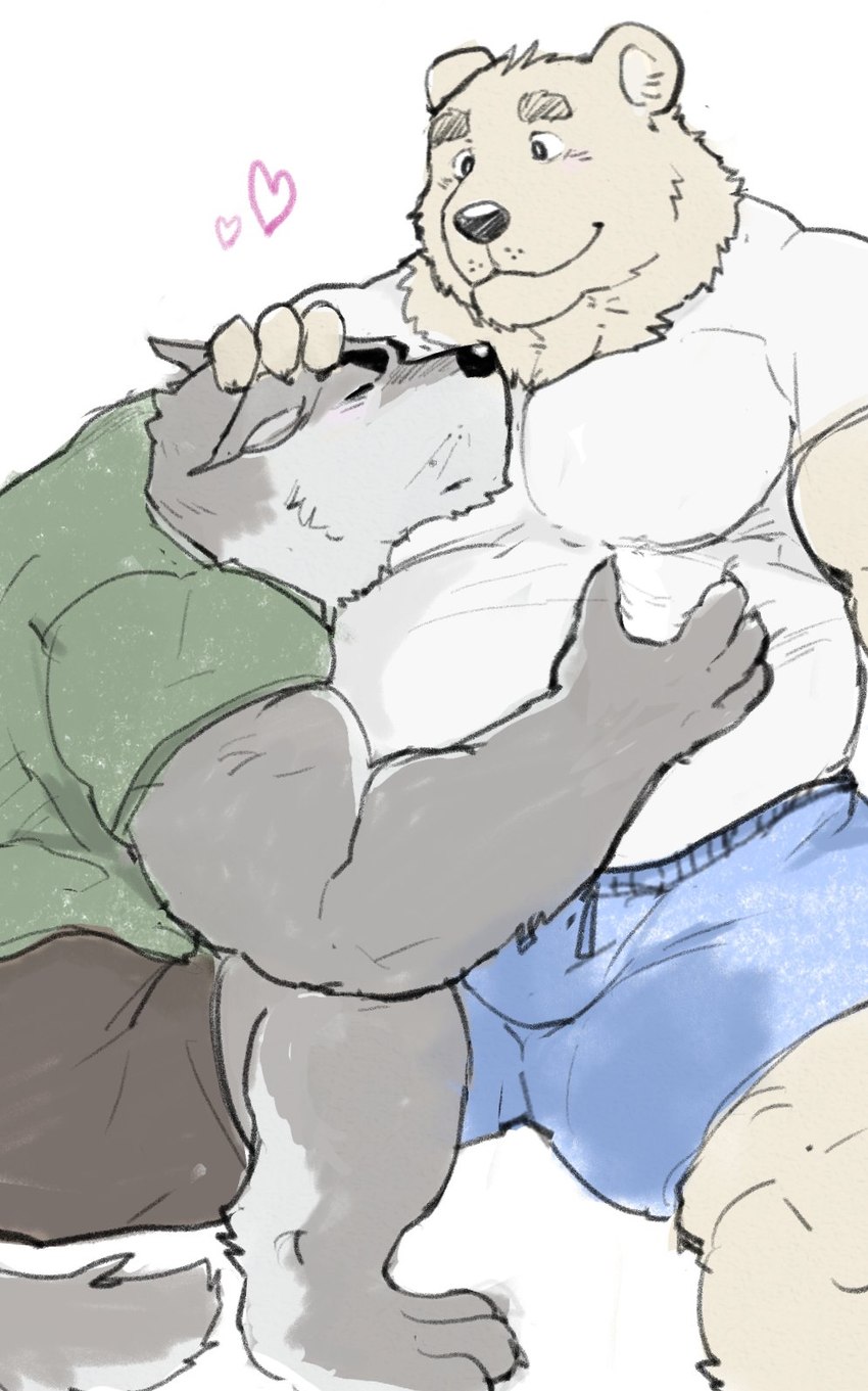 anthro black_nose bottomwear clothing duo heart_symbol hug kemono male overweight overweight_male shirt shorts topwear fuddyblog bear canid canine canis domestic_dog mammal 2023 hi_res