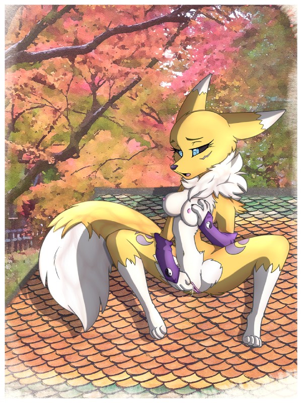 anthro big_tail border breasts female fur genitals masturbation pussy small_paws solo spread_legs spreading tail white_border yellow_body yellow_fur colrblnd sourtassietiger_(artist) bandai_namco digimon canid canine digimon_(species) mammal renamon 3:4 artist_collaboration hi_res