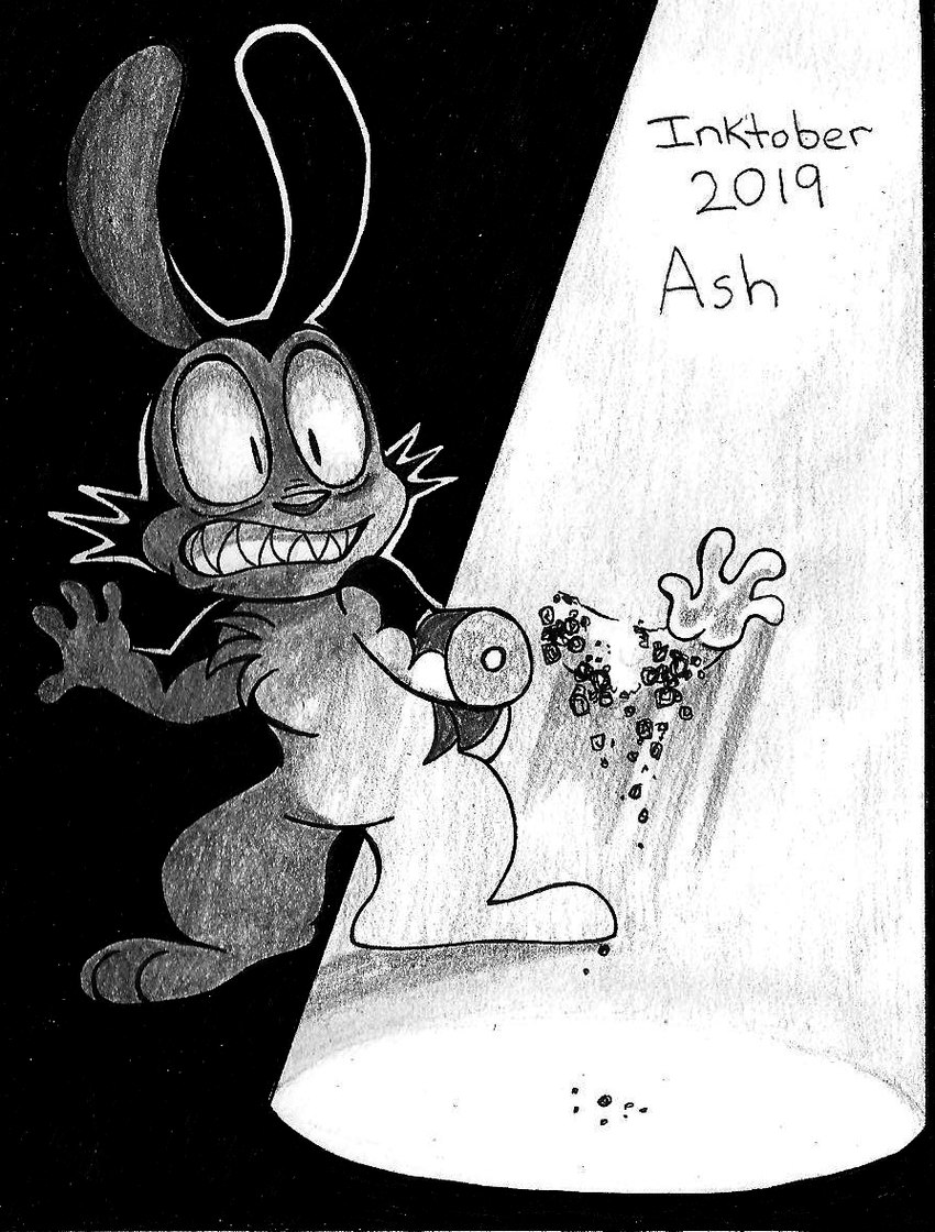 anthro ashes burning chest_tuft long_ears looking_at_hand looking_at_self male scut_tail sharp_teeth short_tail solo standing surprise surprised_expression tail teeth text tuft 8-bit-britt bunnicula_(series) inktober bunnicula lagomorph leporid mammal rabbit vampire 2019 digital_media_(artwork) monochrome