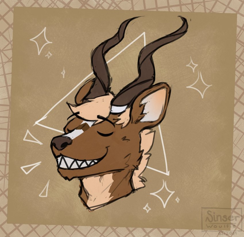 anthro brown_body brown_fur brown_nose eyes_closed facial_tuft fur hair head_tuft horn male markings open_mouth open_smile sharp_teeth simple_background smile solo tan_body tan_fur teeth teeth_showing tuft sinser antelope bovid bovine deer kudu mammal spiral-horned_antelope colored colored_sketch digital_drawing_(artwork) digital_media_(artwork) flat_colors headshot_portrait hi_res portrait sketch