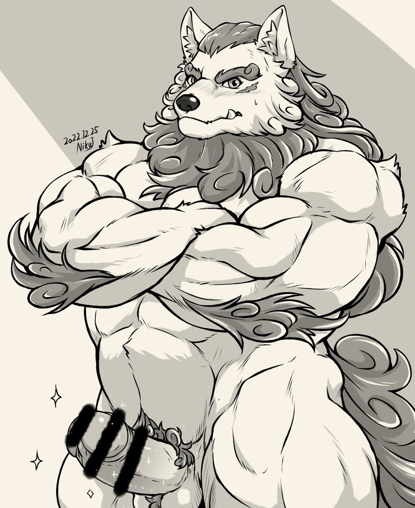 abs anthro ball_tuft balls biceps biped blush censor_bar crossed_arms elbow_fur erection eyebrows foreskin fur genitals hair humanoid_genitalia humanoid_penis ineffective_censorship inner_ear_fluff male muscular muscular_anthro muscular_male muscular_thighs neckbeard nude pecs penis pubes retracted_foreskin solo standing thick_eyebrows timestamp triceps tuft tusks niku_18 asian_mythology east_asian_mythology japanese_mythology mythology sdorica toyokuni foo_dog komainu mammal yokai 2022 censored greyscale hi_res monochrome signature