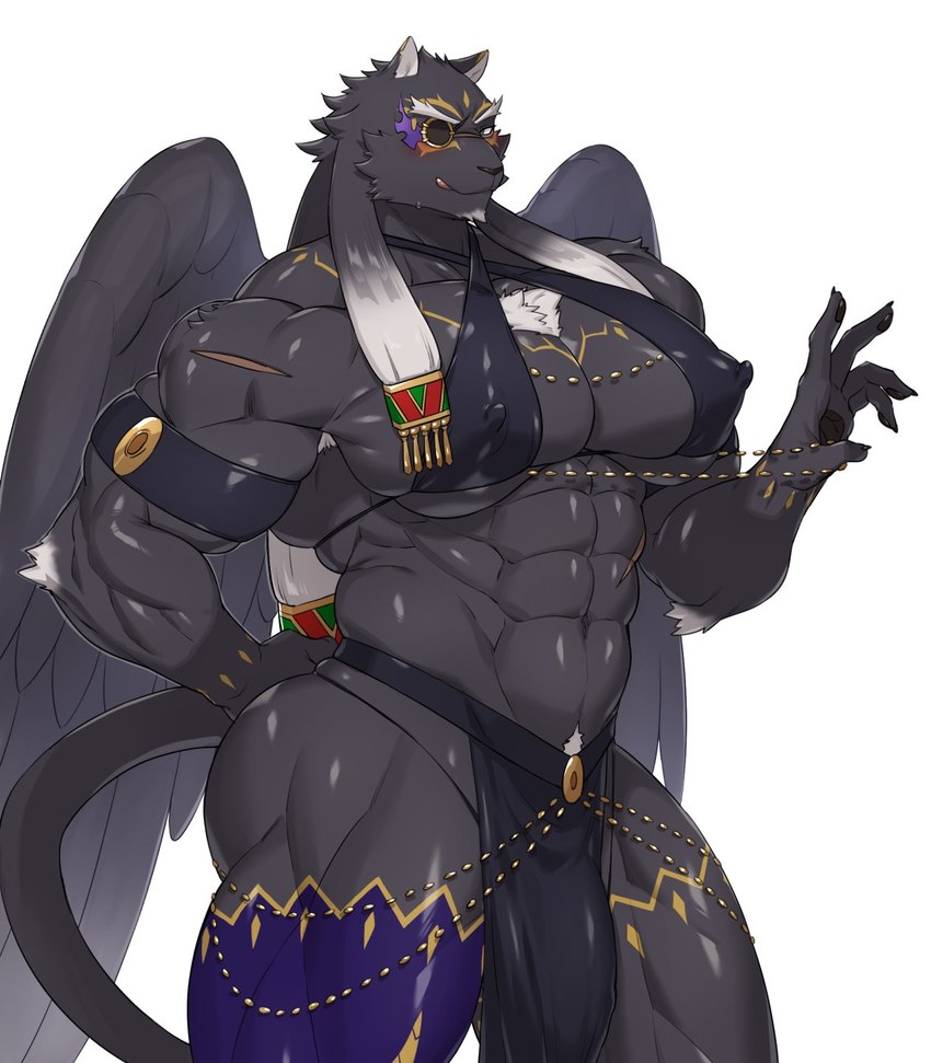 abs anthro black_body black_fur clothed clothing dancer_outfit eyebrows fur male moobs muscular muscular_anthro muscular_male nipples pecs skimpy solo thick_eyebrows wings aaassstaro lifewonders tokyo_afterschool_summoners tezcatlipoca_(tas) felid mammal pantherine hi_res