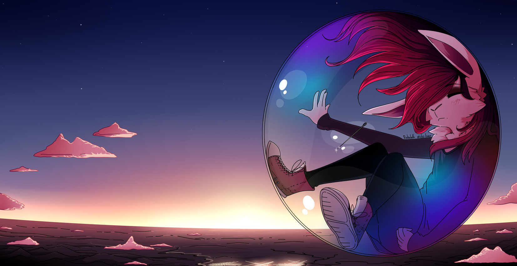 ambiguous_gender anthro bottomwear city clothing cloud denim denim_bottomwear denim_clothing detailed_background earth fur hair hate in_bubble jeans lights outside pants planet red_hair sky solo sunset sweater topwear trapped white_body white_fur rabeleth converse lagomorph leporid mammal rabbit absurd_res hi_res