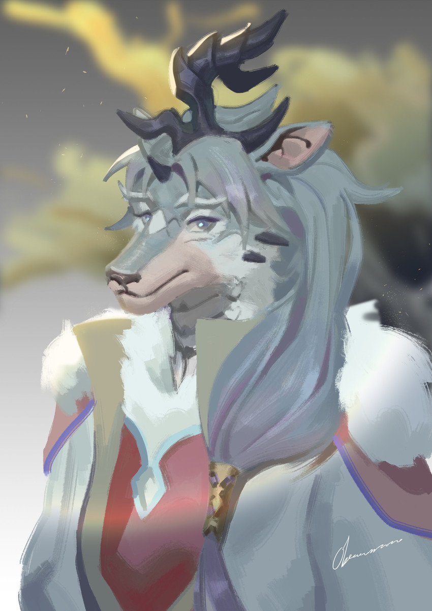 anthro clothed clothing detailed_background fur grey_body grey_ears grey_eyes grey_fur grey_hair hair horn long_hair male multicolored_body multicolored_fur night scales sky solo spikes star starry_sky two_tone_body two_tone_fur white_body white_fur white_scales oberon_kuo asian_mythology chinese_mythology east_asian_mythology mythology sdorica juan_yun dragon equid kirin mammal mythological_creature mythological_scalie scalie absurd_res hi_res