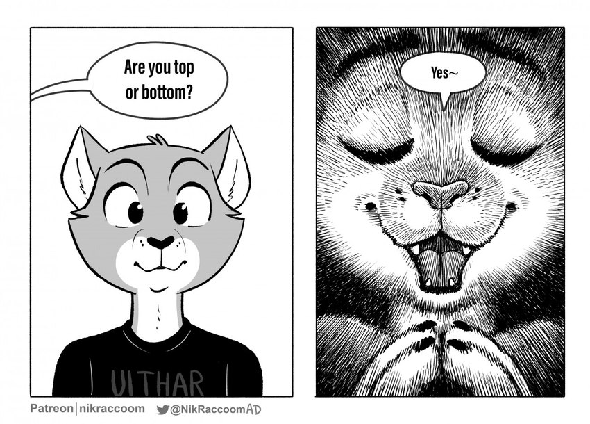 2_panel_comic anthro black_clothing black_eyes black_nose black_shirt black_topwear clothing dialogue eyes_closed fangs fur grey_body grey_fur looking_at_viewer male multicolored_body multicolored_fur open_mouth shirt smile solo speech_bubble teeth text tongue topwear white_body white_fur nikraccoom tonka_(nik159) domestic_cat felid feline felis mammal 2022 comic english_text monochrome