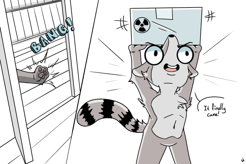 anthro dialogue exclamation_point hazard_symbol kick male radiation_symbol raised_arm solo symbol kiboshx cartoon_network regular_show rigby_(regular_show) mammal procyonid raccoon 3:2 comic hi_res