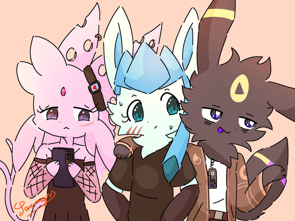 anthro anthrofied arm_around_shoulders armwear black_body black_clothing black_dress black_ears black_fur black_nose black_shirt black_tail black_topwear blue_body blue_ears blue_eyes blue_fur blue_inner_ear bodily_fluids brown_clothing brown_jacket brown_topwear claw_marks clothed clothing dress ear_piercing ear_ring elbow_gloves eyelashes facial_markings facial_scar female fishnet_armwear fishnet_clothing fully_clothed fur gloves group hair handwear head_markings hole_in_ear jacket looking_at_another male markings narrowed_eyes orange_background piercing pink_body pink_ears pink_fur pink_hair pink_tail pokemorph purple_eyes ring_piercing scar shirt simple_background sweat tail tail_markings talking_to_another topwear trio white_clothing white_topwear xammyxx nintendo pokemon fan_character eeveelution espeon generation_2_pokemon generation_4_pokemon glaceon pokemon_(species) umbreon 2026 4:3 digital_media_(artwork) hi_res ibispaint_(artwork) shaded signature watermark