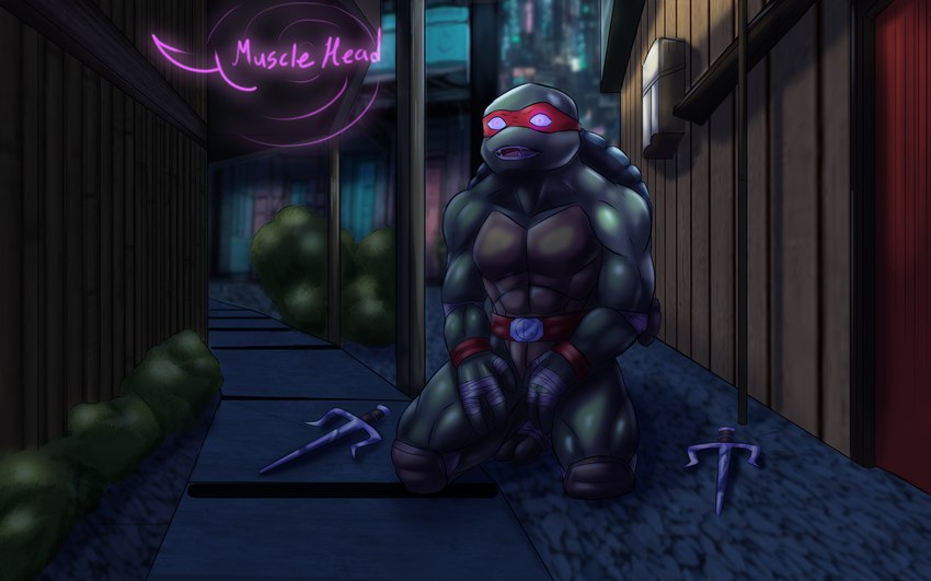 abs anthro armor belt biceps blade clothed clothing dialogue elbow_pads handwear hypnosis knee_pads kneeling male mask mind_control muscular muscular_anthro muscular_male offscreen_character open_mouth open_smile pecs ringed_eyes sais shell smile solo speech_bubble teeth text weapon wraps howlfeiwolf hypnovember teenage_mutant_ninja_turtles raphael_(tmnt) reptile scalie turtle 16:10 absurd_res digital_media_(artwork) english_text hi_res widescreen