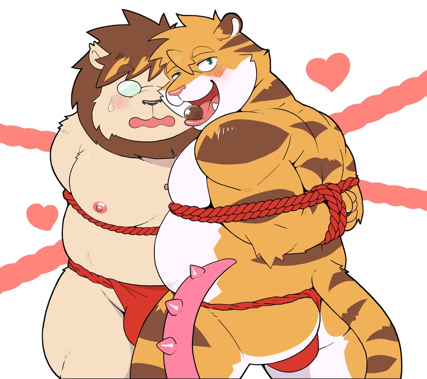 anthro asian_clothing belly blush bound bulge butt candy chocolate clothing dessert duo east_asian_clothing eyewear food fundoshi glasses japanese_clothing kemono male moobs nipples overweight overweight_male pink_nose red_clothing red_fundoshi red_underwear rope underwear hupi1008 felid lion mammal pantherine tiger 2025 absurd_res hi_res