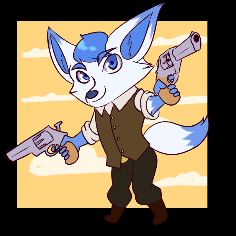 abstract_background anthro bad_trigger_discipline biped black_border blue_body blue_eyes blue_fur blue_hair blue_nose boots border bottomwear chibi clothed clothing cowboy dipstick_ears dipstick_tail dual_wielding ear_markings eyebrow_through_hair eyebrows footwear fully_clothed fur gloves_(marking) gun hair handgun holding_gun holding_handgun holding_object holding_pistol holding_ranged_weapon holding_weapon looking_at_viewer male markings multicolored_body multicolored_ears multicolored_fur multicolored_tail pants pistol ranged_weapon revolver shirt shoes simple_background smile solo standing tail tail_markings topwear translucent translucent_hair two_tone_body two_tone_fur vest weapon western white_body white_fur damian5320 aero_(aero-foxy) arctic_fox canid canine fox mammal true_fox 1:1 2019 absurd_res alpha_channel hi_res