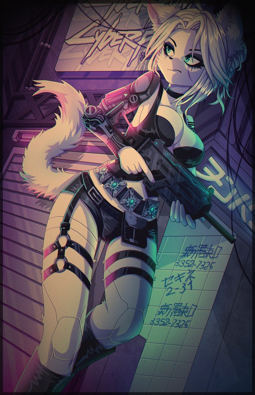 alternate_species anime_eyes anthro belt big_breasts blue_eyes bottomwear bra breasts choker clothed clothing cybernetic_arm cybernetic_leg cybernetic_limb cybernetics cyberpunk detailed_background female fluffy fluffy_ears fluffy_tail fur furrification gun hair harness jacket jewelry leather leather_bottomwear leather_clothing leather_harness leather_jacket leather_shoes leather_shorts leather_topwear looking_back machine necklace neon neon_lights ranged_weapon shorts solo tail text topwear underwear weapon white_body white_fur tweenstrip cyberpunk_2077 the_witcher cirilla_fiona_elen_riannon canid canine canis cyborg domestic_cat felid feline felis mammal absurd_res hi_res japanese_text