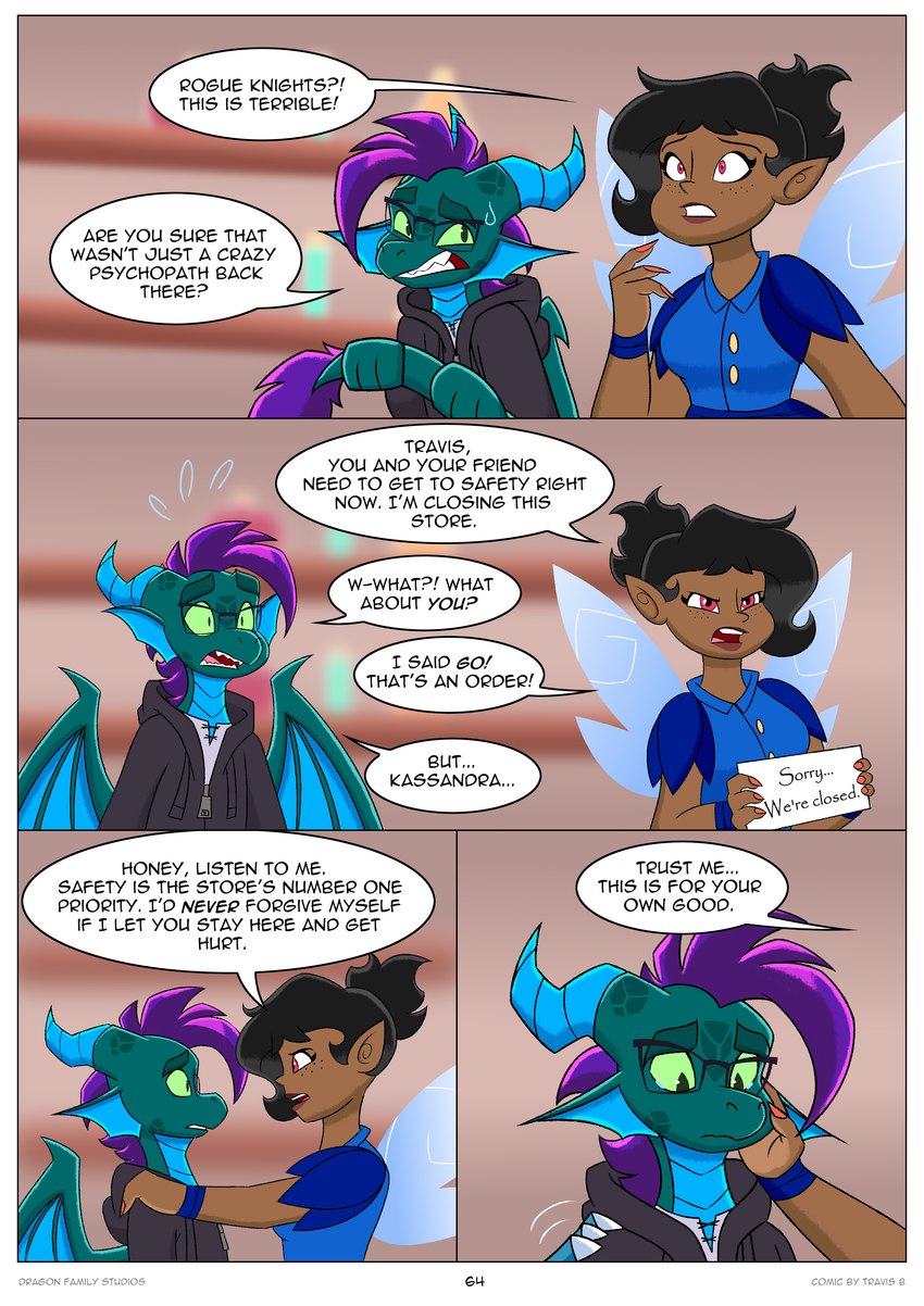 anthro border duo female male mrs._kassandra_(travis_the_dragon) text white_border travis_the_dragon mythology travis_the_dragon_dimension_ride_(comic_series) travis_burns dragon fairy humanoid mythological_creature mythological_scalie scalie absurd_res english_text hi_res