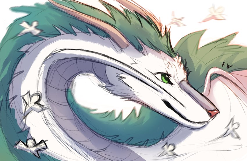 ambiguous_gender anthro green_eyes green_hair hair horn smile solo flashw asian_mythology east_asian_mythology ghibli mythology spirited_away haku_(spirited_away) dragon eastern_dragon mythological_creature mythological_scalie scalie 2021 digital_media_(artwork)