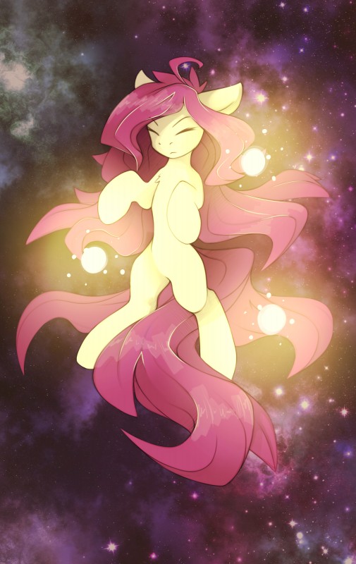 eyes_closed featureless_crotch female feral fur hair hooves nude purple_hair solo space yellow_body yellow_fur queenbloodysky hasbro my_little_pony fan_character equid mammal absurd_res hi_res