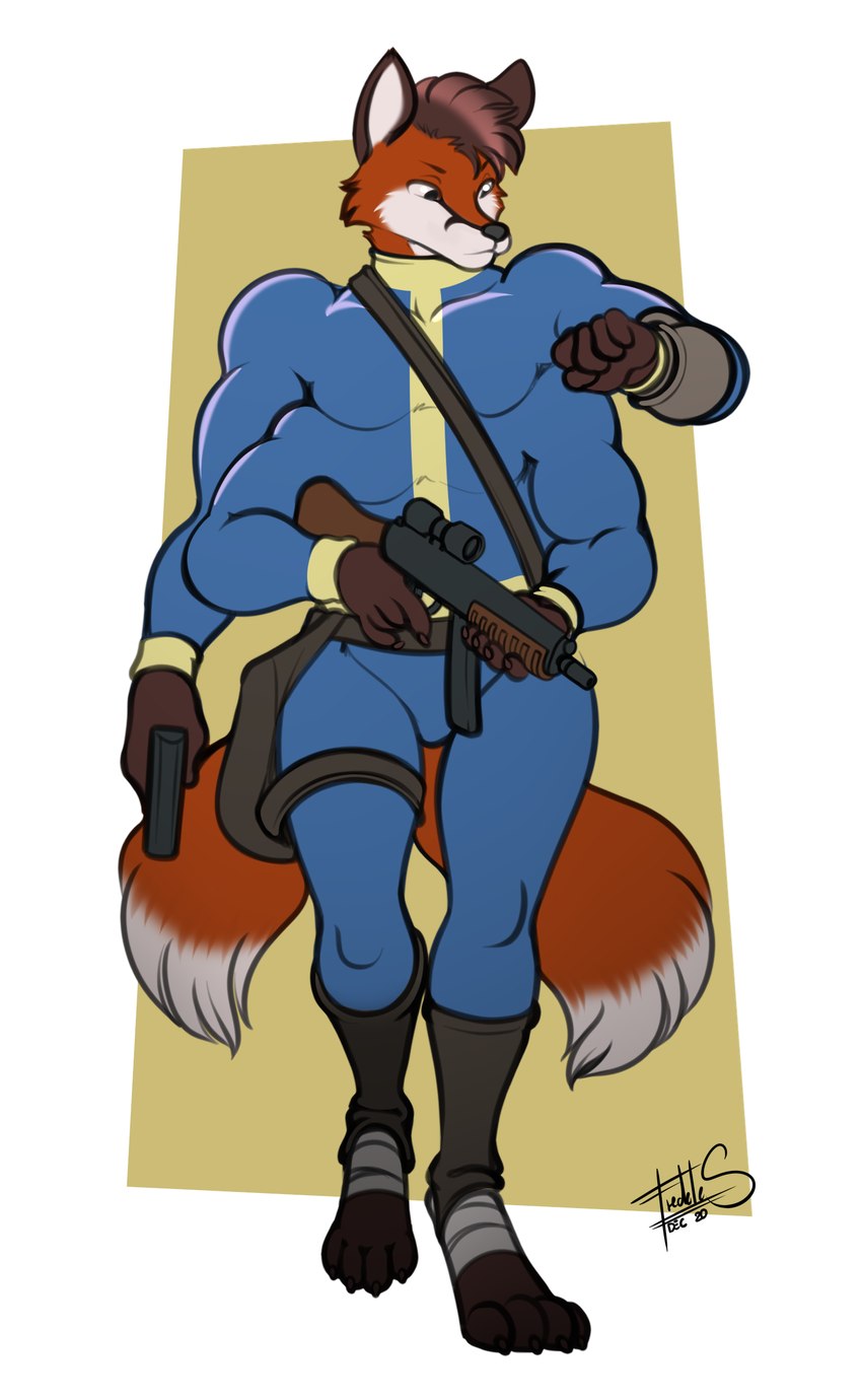 2_tails 4_arms 4_pecs 4_toes anthro belt belt_pouch blue_eyes brown_hair clothing feet foot_wraps gun hair handgun holding_gun holding_handgun holding_object holding_ranged_weapon holding_rifle holding_weapon jumpsuit leg_warmers legwear looking_at_watch male multi_arm multi_limb multi_pecs multi_tail pecs pip-boy ranged_weapon rifle rifle_scope rifle_sling simple_background solo tail toes vault_suit weapon wraps freckles_(artist) fallout microsoft chipfox canid canine fox mammal red_fox true_fox 2021 absurd_res digital_media_(artwork) hi_res signature