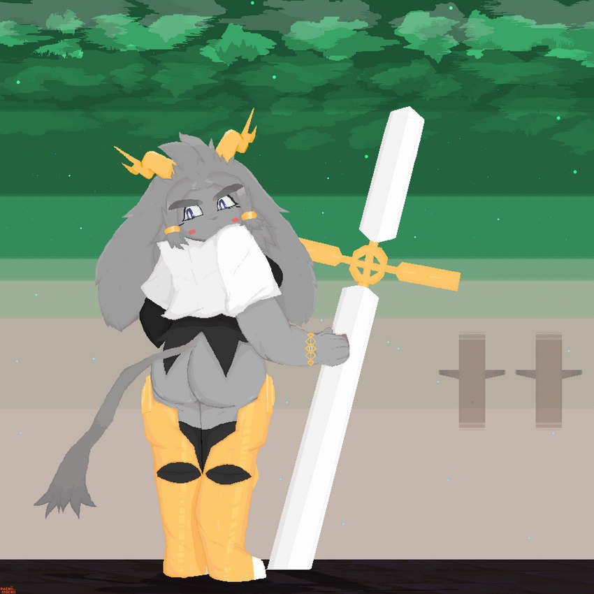 anthro armor big_butt big_ears blush breasts bubble_butt butt clothed clothing cloud detailed_background detailed_fur dream_breaker_(pseudoregalia) female fur green_sky grey_body grey_fur hair holding_object holding_weapon horn melee_weapon pixelated ranged_weapon simple_background sky smile solo star sword tail text thick_thighs thighs_together weapon wide_hips pachiimochii pseudoregalia sybil_(pseudoregalia) bovid caprine goat hybrid mammal 1:1 absurd_res detailed digital_media_(artwork) hi_res pixel_(artwork) pyxel_edit_(artwork)