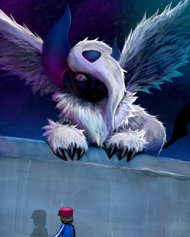 ambiguous_gender duo feral fur macro male open_mouth red_eyes shadow size_difference white_body white_fur wings cosmo_(artist) nintendo pokemon calem_(pokemon) generation_6_pokemon mega_absol mega_evolution pokemon_(species) 4:5 hi_res