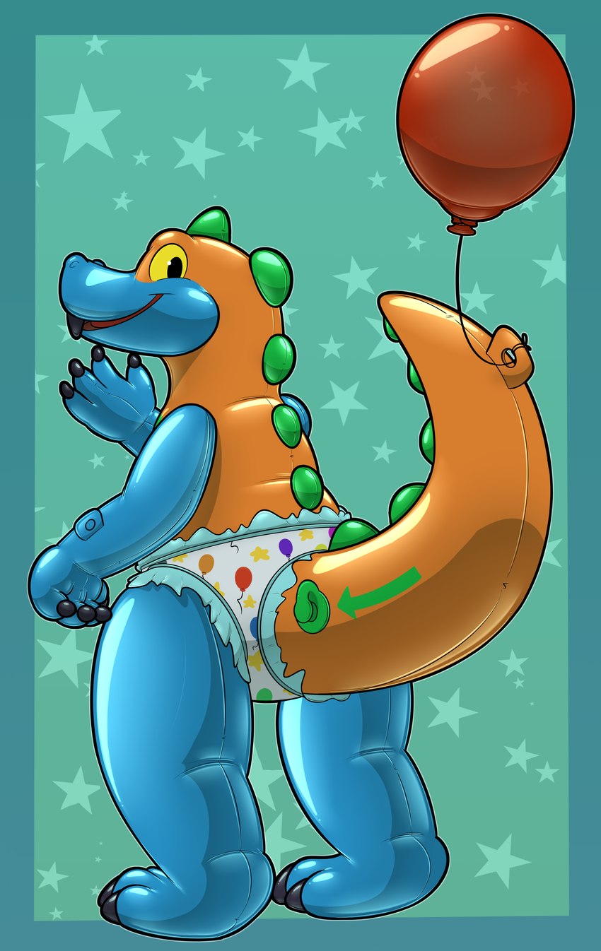 anthro balloon balloon_print biped clean_diaper clothed clothing diaper gesture happy inflatable inflation_valve looking_at_viewer looking_back male pattern_diaper pool_toy print_diaper pull-ups_(diaper) simple_background solo star_print thin_diaper toothy_grin waving waving_at_viewer wearing_diaper ryucas rex_(zoran) animate_inanimate dinosaur living_inflatable prehistoric_species reptile scalie theropod tyrannosaurid tyrannosauroid tyrannosaurus tyrannosaurus_rex absurd_res hi_res shaded