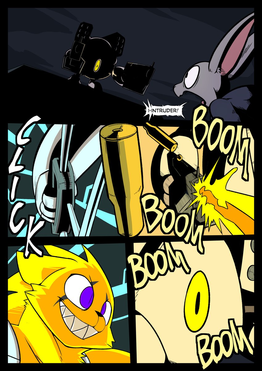 anthro bullet_casing dialogue fur grey_body grey_fur hooded_cloak machine mecha purple_eyes screaming text yellow_body yellow_fur plaga parfait_(plaga) felid lagomorph leporid mammal pantherine rabbit tiger 2023 absurd_res comic digital_media_(artwork) english_text hi_res