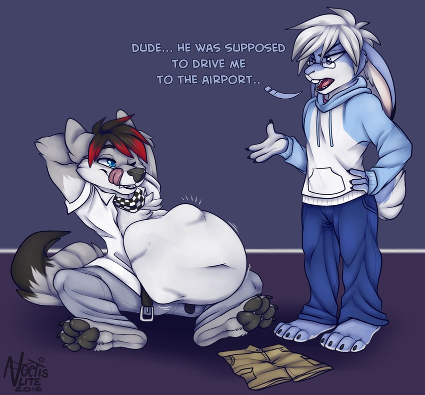 4_fingers 4_toes abdominal_bulge after_vore annoyed anthro anthro_pred anthro_prey barefoot belly belt big_belly biped black_body black_claws black_fur black_hair black_nose black_tail blue_body blue_bottomwear blue_clothing blue_eyes blue_fur blue_pants blue_tail bottomwear buckteeth bulge cheek_tuft chest_tuft claws clothed clothing collared_shirt death detailed_bulge dialogue digestion dipstick_tail discarded_clothing dress_shirt duo ears_back ears_down ellipsis eye_contact eyebrows eyewear facial_tuft fangs fatal_vore feet fingers forced fully_clothed fully_inside fur glasses grey_body grey_bottomwear grey_clothing grey_fur grey_pants grey_pawpads grey_tail grin hair hand_on_hip hands_behind_head highlights_(coloring) hoodie imminent_death inner_ear_fluff inside_stomach interspecies kerchief licking licking_lips long_ears looking_at_another male male_pred male_prey markings motion_lines multicolored_body multicolored_fur multicolored_hair multicolored_tail navel neckerchief neckwear one_eye_closed open_clothing open_mouth open_shirt open_topwear oral_vore pants pawpads paws pink_tongue pivoted_ears plantigrade red_hair red_highlights same_size_vore self_lick sharp_teeth shirt short_hair short_tail simple_background sitting small_tail smile snout soft_vore standing stretched_stomach struggling struggling_prey tail tail_markings teeth text toe_claws toes tongue tongue_out topwear tuft two_tone_body two_tone_fur two_tone_hair two_tone_tail unwilling_prey vore wearing_glasses white_body white_clothing white_fur white_hair white_shirt white_tail white_topwear muzz cameron_jensen ian_naxieas canid canine canis lagomorph leporid mammal rabbit wolf 2016 colored digital_media_(artwork) english_text hi_res shaded signature
