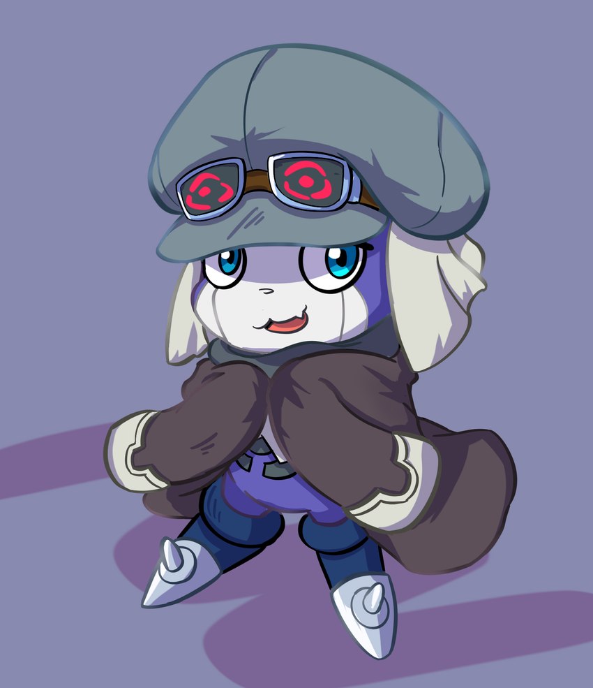 ambiguous_gender anthro blue_eyes clothing eyewear fur goggles hat headgear headwear oversized_sleeves purple_body purple_fur scarf simple_background solo floweyr000 bandai_namco digimon appmon appmon_(species) digimon_(species) offmon hi_res