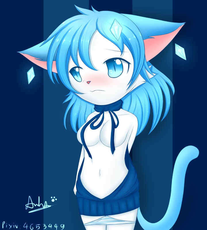 anthro backwards_virgin_killer_sweater blush breasts clothed clothing embarrassed female kemono panties panties_down partially_clothed simple_background solo sweater topwear underwear underwear_down virgin_killer_sweater kryztar meme_clothing domestic_cat felid feline felis mammal digital_media_(artwork) hi_res meme shaded