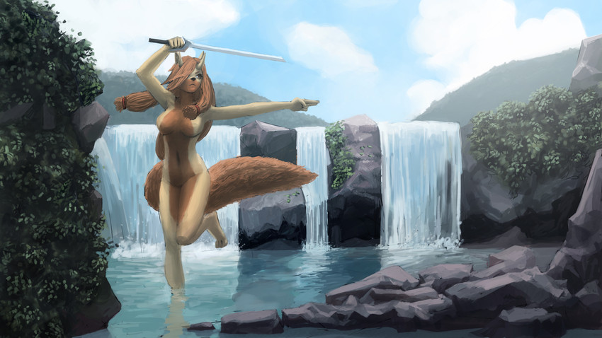 accessory amber_eyes anthro big_breasts black_nose breasts brown_body brown_fur brown_hair butt detailed_background featureless_breasts featureless_crotch female fur hair hair_accessory horn long_hair melee_weapon nature outside sky solo sword water waterfall weapon pensilmekanikal melissa_(hipcat) canid canine canis domestic_dog felid hybrid mammal 16:9 absurd_res digital_media_(artwork) hi_res widescreen