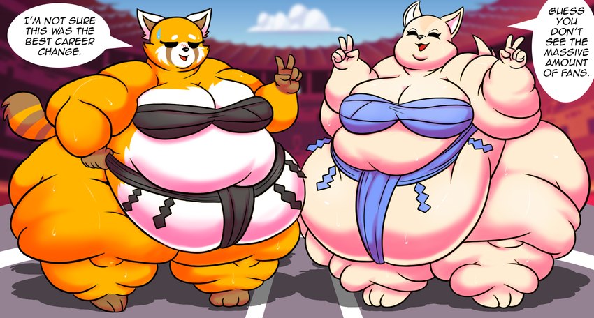 3_toes 5_fingers anthro belly big_belly big_breasts big_butt bodily_fluids breasts brown_tail butt cleavage clothed clothing cloud dialogue dot_eyes double_chin duo feet female fingers fur gesture hand_gesture huge_belly huge_breasts huge_butt hyper hyper_belly hyper_butt lidded_eyes markings morbidly_obese morbidly_obese_anthro morbidly_obese_female multicolored_body multicolored_fur obese obese_anthro obese_female open_mouth open_smile orange_body orange_fur orange_tail outside overweight overweight_anthro overweight_female sky smile striped_markings striped_tail stripes sumo sumo_ring sumo_wrestler sweat sweatdrop tail tail_markings tan_body tan_fur tan_tail text three-quarter_view toes two_tone_body two_tone_fur two_tone_tail v_sign white_body white_fur roxas617 aggretsuko sanrio fenneko retsuko ailurid canid canine fennec_fox fox mammal red_panda true_fox 2023 digital_drawing_(artwork) digital_media_(artwork) english_text hi_res