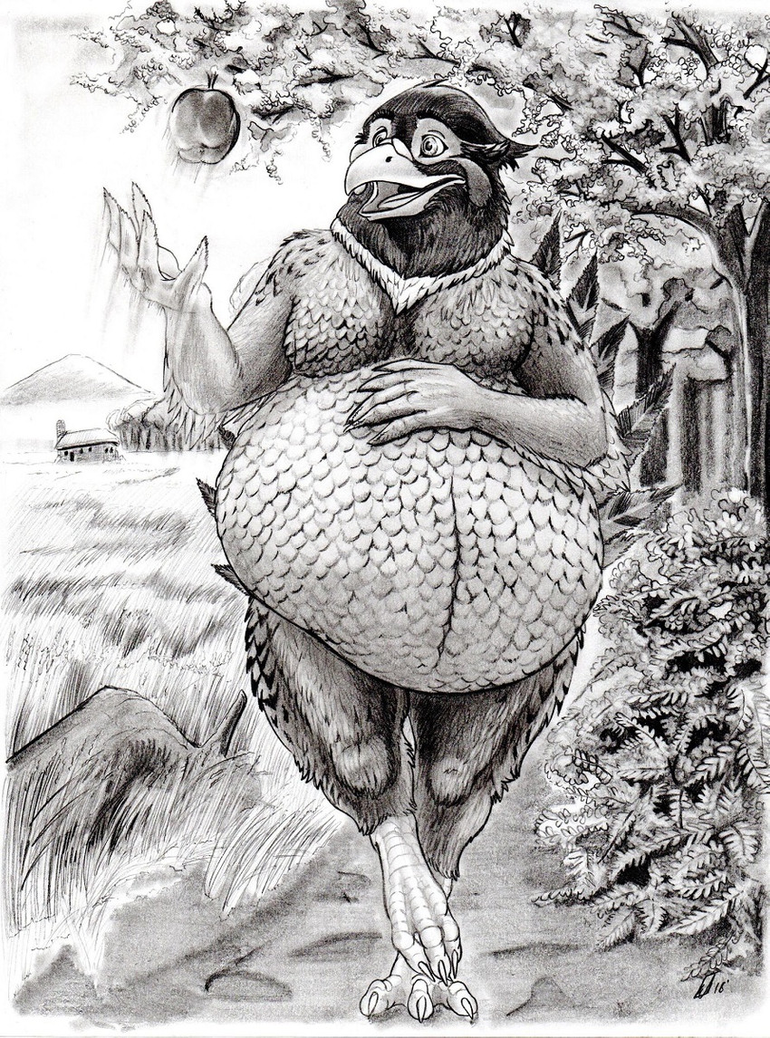 4_toes 5_fingers anisodactyl anthro apple beak belly belly_overhang big_belly biped casual_nudity claws detailed_background digitigrade eating eye_markings feathers feet fingers food forest front_view fruit hand_on_belly looking_at_food looking_at_object male markings nude open_beak open_mouth open_smile outside overweight overweight_anthro overweight_male path plant scutes smile solo stuffing tail tail_feathers thick_thighs toe_claws toes tongue tree walking wide_hips beuwens-folder faisan_(foxcall) avian bird common_pheasant galliform phasianid phasianus 2018 graphite_(artwork) greyscale hi_res monochrome story story_in_description traditional_media_(artwork)