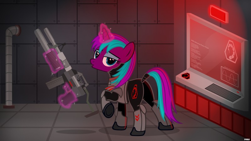 armor blue_eyes clothing female feral fur gun hair horn inside looking_at_viewer magic multicolored_hair nod purple_body purple_fur ranged_weapon shotgun solo weapon a4r91n_(artist) command_and_conquer electronic_arts hasbro my_little_pony mythology equid equine horse mammal mythological_creature mythological_equine pony unicorn 16:9 absurd_res crossover hi_res widescreen