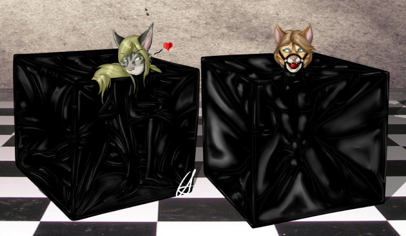 5_fingers anthro ball_gag bent_over blonde_hair bound breasts brown_body brown_fur brown_hair bulge checkered checkered_floor cheek_tuft countershade_face countershading duo ear_tuft eyebrows facial_tuft female fingers front_view fur gag gagged green_eyes grey_body grey_fur hair hands_behind_back harness harness_ball_gag harness_gag heart_symbol immobile kneeling latex long_hair looking_at_viewer male multicolored_body multicolored_fur muzzle_(object) muzzled nude penis_shaped_bulge pink_nose restrained shadow short_hair simple_background submissive submissive_male textured_background tuft two_tone_body two_tone_fur vacuum_cube white_body white_fur akira666 domestic_cat felid feline felis mammal